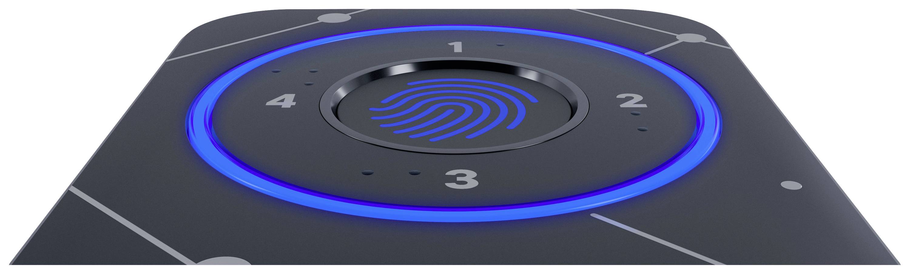 Elektroniczny panel sterujący z niebiesko podświetlaną ramką posiada powierzchnię do odczytu linii papilarnych pośrodku oraz cyfry od 1 do 4.