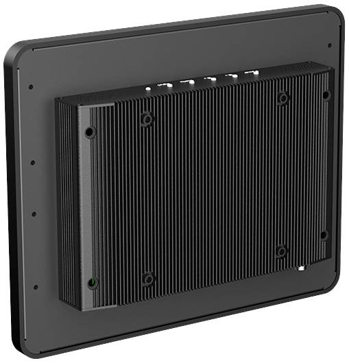 Widok tylnej strony czarnego, prostokątnego urządzenia o fakturowanej powierzchni z kilkoma punktami mocowania.