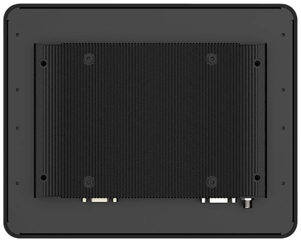 Tylna strona czarnego, prostokątnego urządzenia elektronicznego z żeberkami chłodzącymi i złączami znajdujący się u dołu.