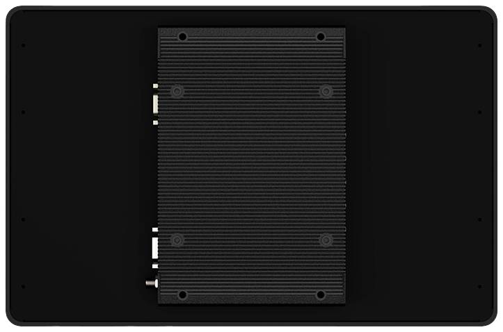 'Widok z tyłu czarnego, prostokątnego urządzenia elektronicznego z centralnym, zdejmowanym panelem i czterema widocznymi śrubami.'