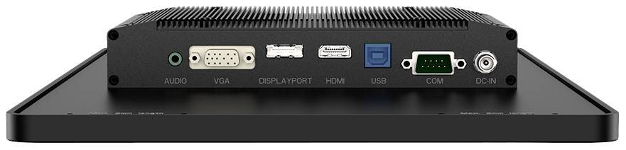 Widok z tyłu urządzenia elektronicznego z portami: audio, VGA, DisplayPort, HDMI, USB, COM oraz wejściem prądu stałego (DC-IN) do zasilania.