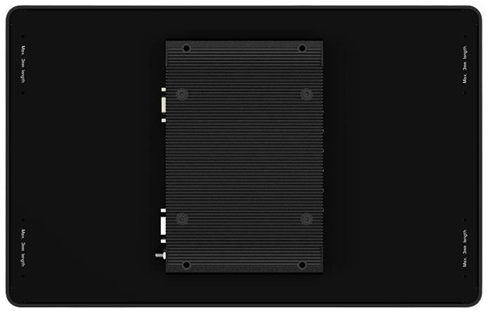 Widok z tyłu prostokątnego urządzenia elektronicznego z wieloma złączami i rowkowanym wzorem pośrodku.