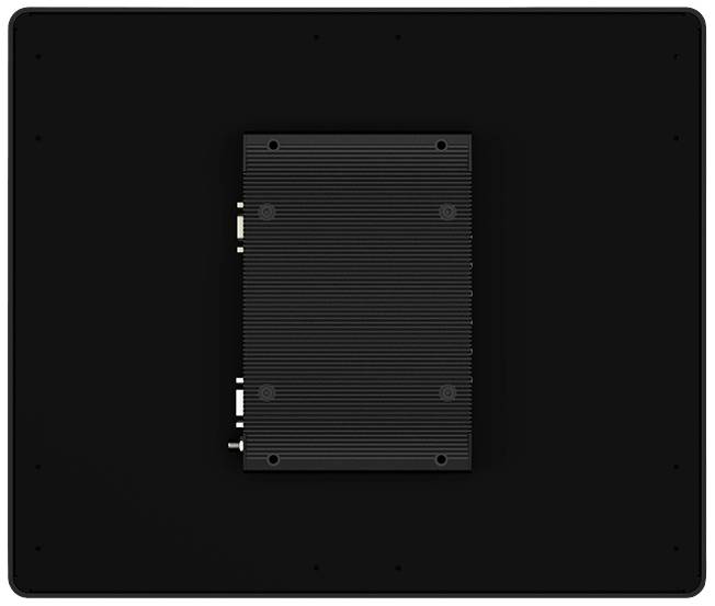 Czarna metalowa płyta z modułem prostokątnym umieszczonym centralnie, posiadającym elektroniczne złącza po bokach.