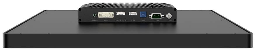 Ekran przedstawia tylną stronę monitora z różnymi złączami, takimi jak DVI, USB i porty szeregowe, które są używane do podłączenia urządzenia.