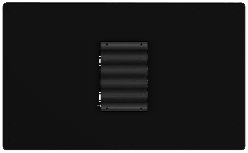 Widok z tyłu czarnego, prostokątnego urządzenia z widocznym modułem wtykowym pośrodku.