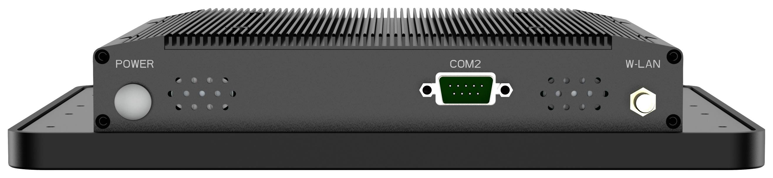 Widok z tyłu urządzenia elektrycznego z przyłączami: po lewej stronie przycisk zasilania, pośrodku interfejs COM2, po prawej złącze WLAN.