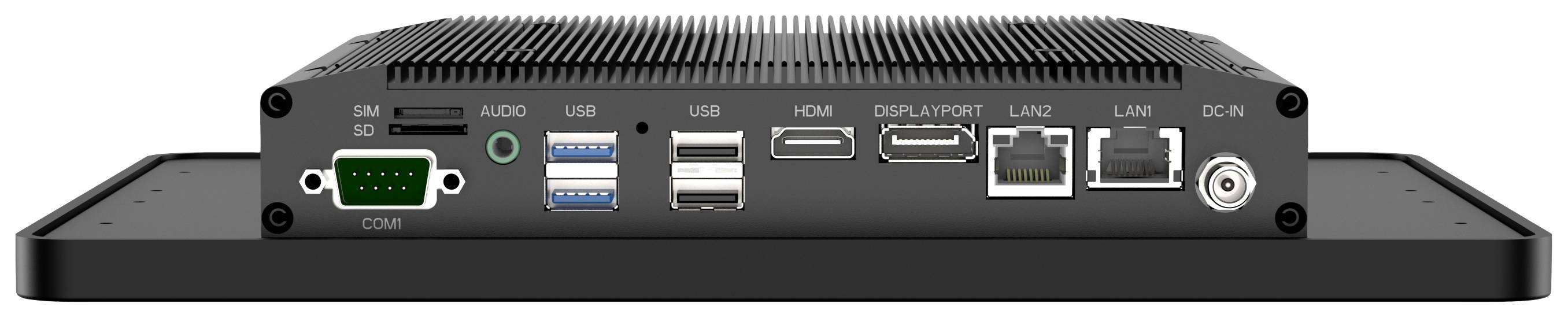 Czarny mini-komputer widziany od tyłu prezentuje różne złącza: HDMI, USB, Ethernet, Audio oraz DisplayPort, co zapewnia wszechstronne możliwości podłączenia urządzeń.