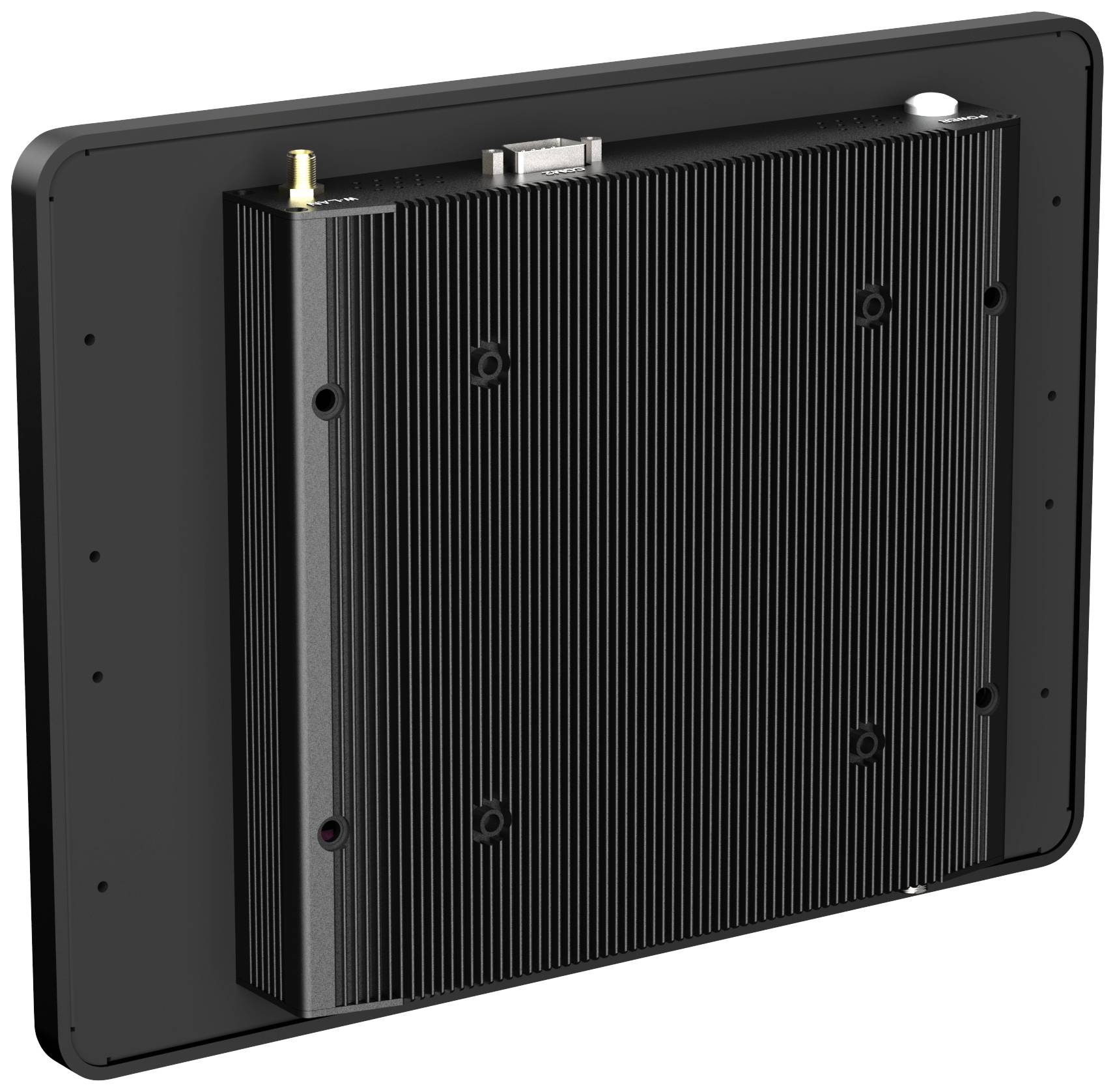 Widok z tyłu czarnego, prostokątnego urządzenia elektronicznego z żeberkami chłodzącymi i złączami, prawdopodobnie monitora lub ekranu.