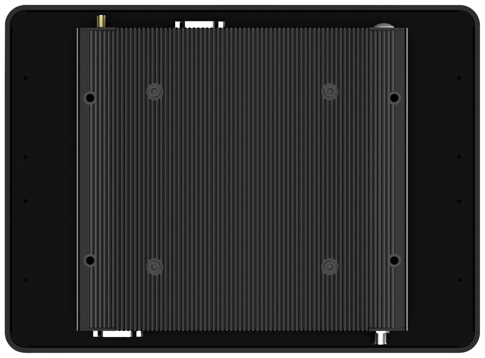 Prostokątny, żebrowany element elektroniczny, prawdopodobnie radiator, zamontowany na czarnej, prostokątnej podstawie.