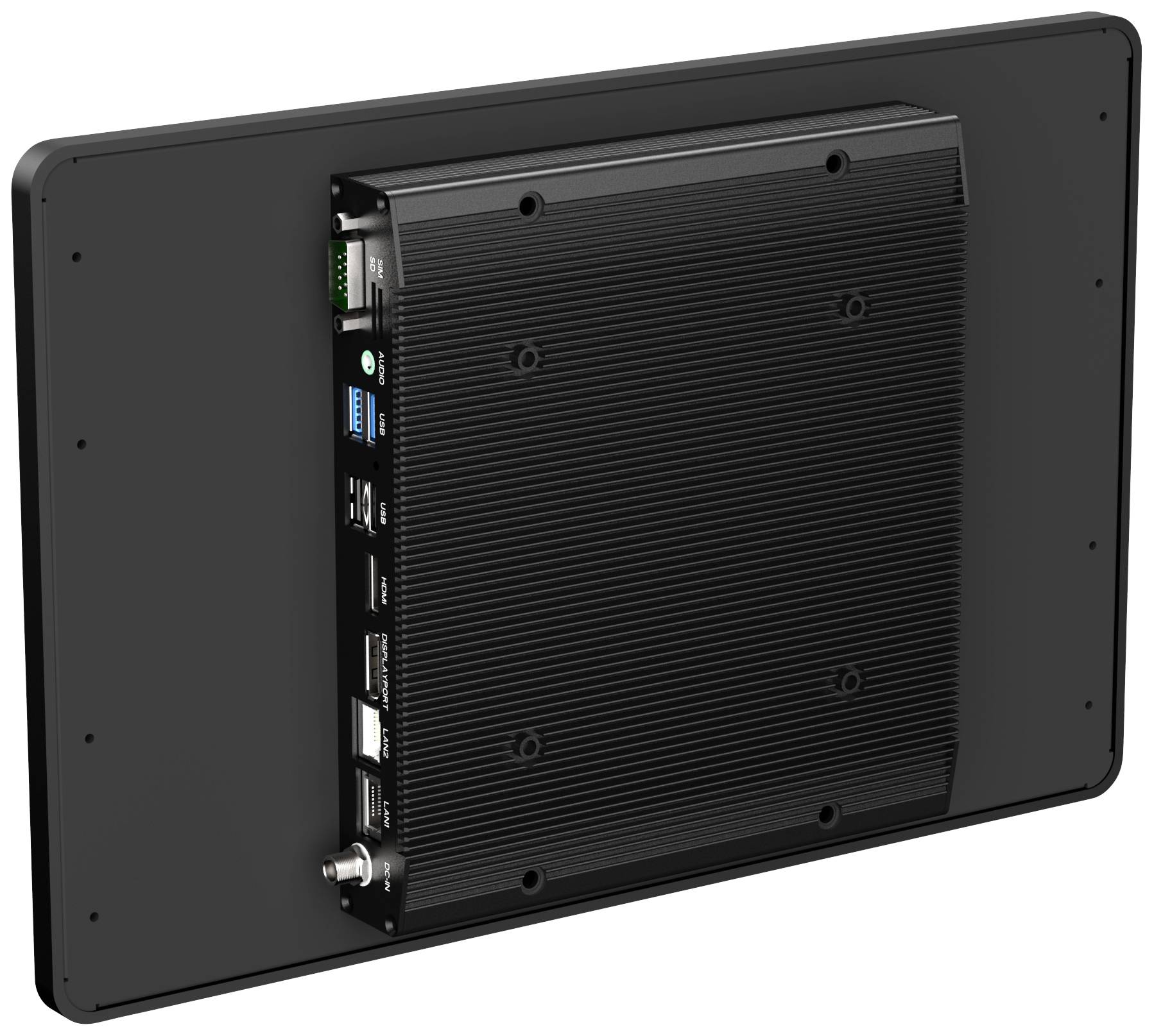 Czarny, prostokątny przyrząd techniczny z wieloma złączami i gniazdami z tyłu, zamontowany na płycie.