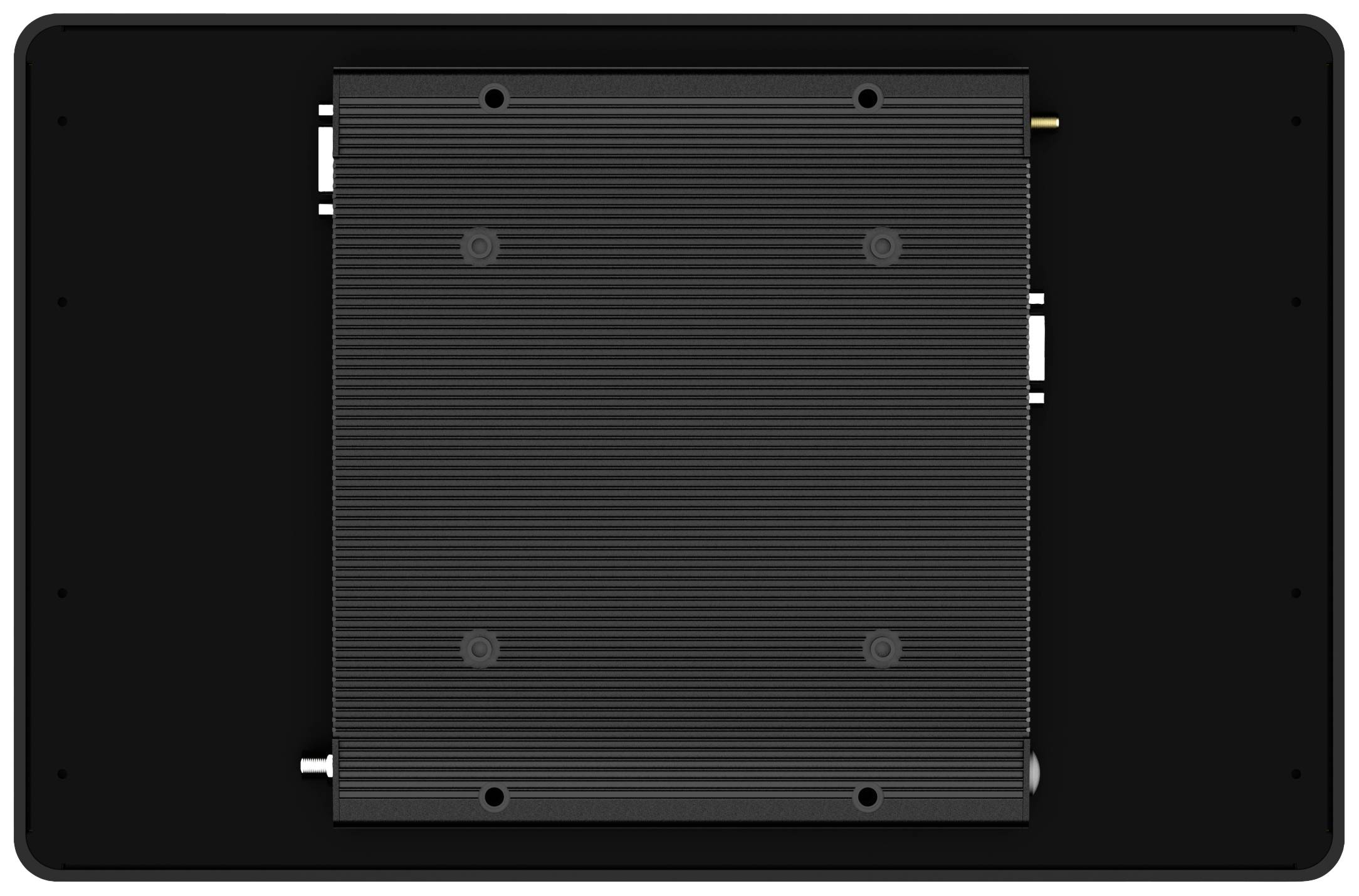 Prostokątne, czarne urządzenie elektroniczne z żebrowanym wzorem pośrodku i złączami po bokach.