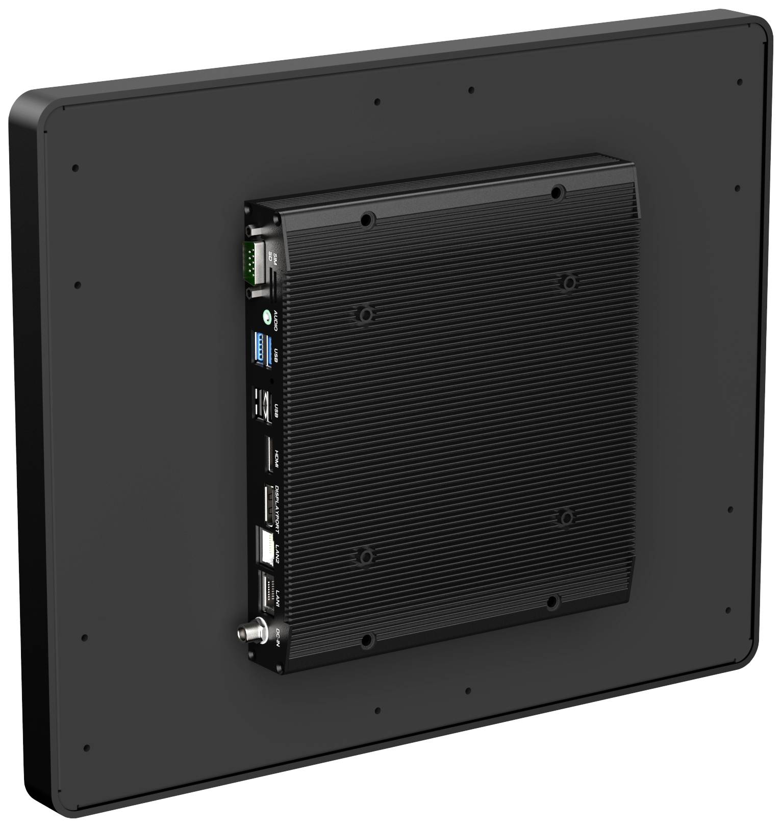 'Widok z tyłu czarnego wyświetlacza komputerowego z wieloma portami przyłączeniowymi i kompaktową, prostopadłościenną obudową pośrodku.'