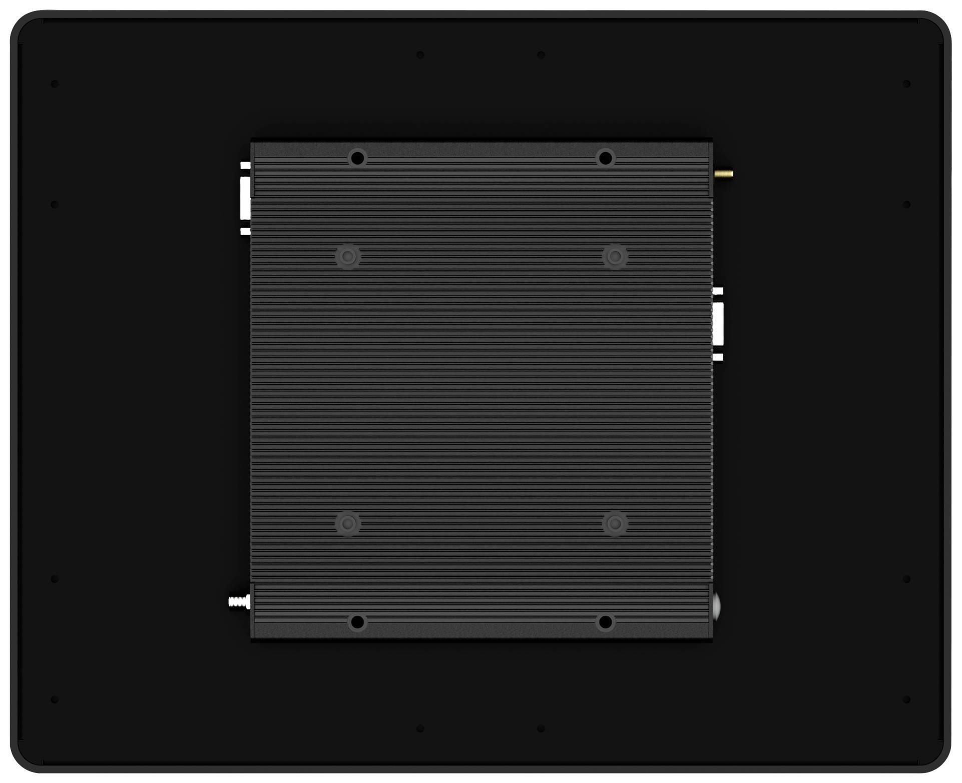 Tylna część czarnego urządzenia elektronicznego z modułem centralnym i złączami po bokach, odpowiednia do montażu ściennego.
