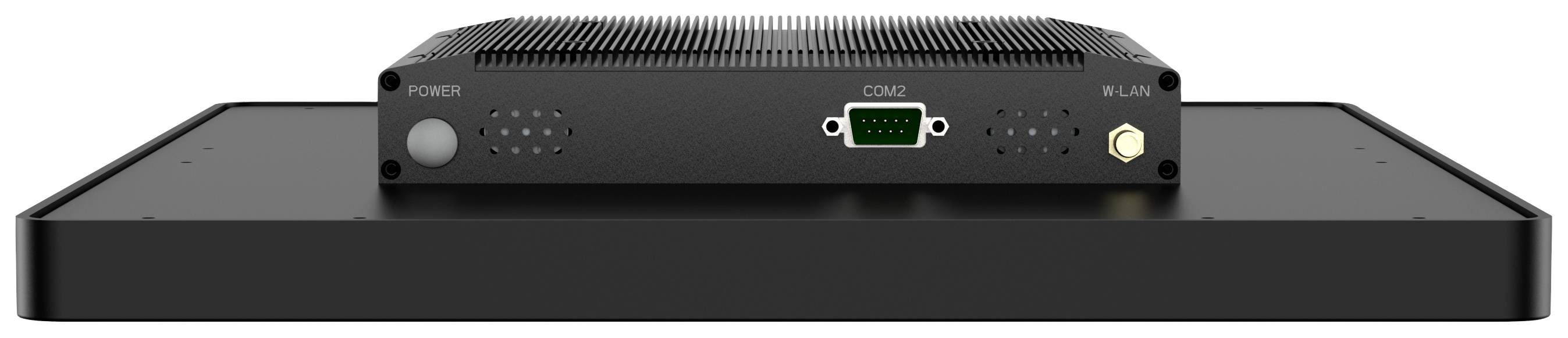 Płaskie, prostokątne urządzenie elektroniczne z gniazdami zasilania, COM2 i WLAN, przeznaczone do zastosowań przemysłowych.