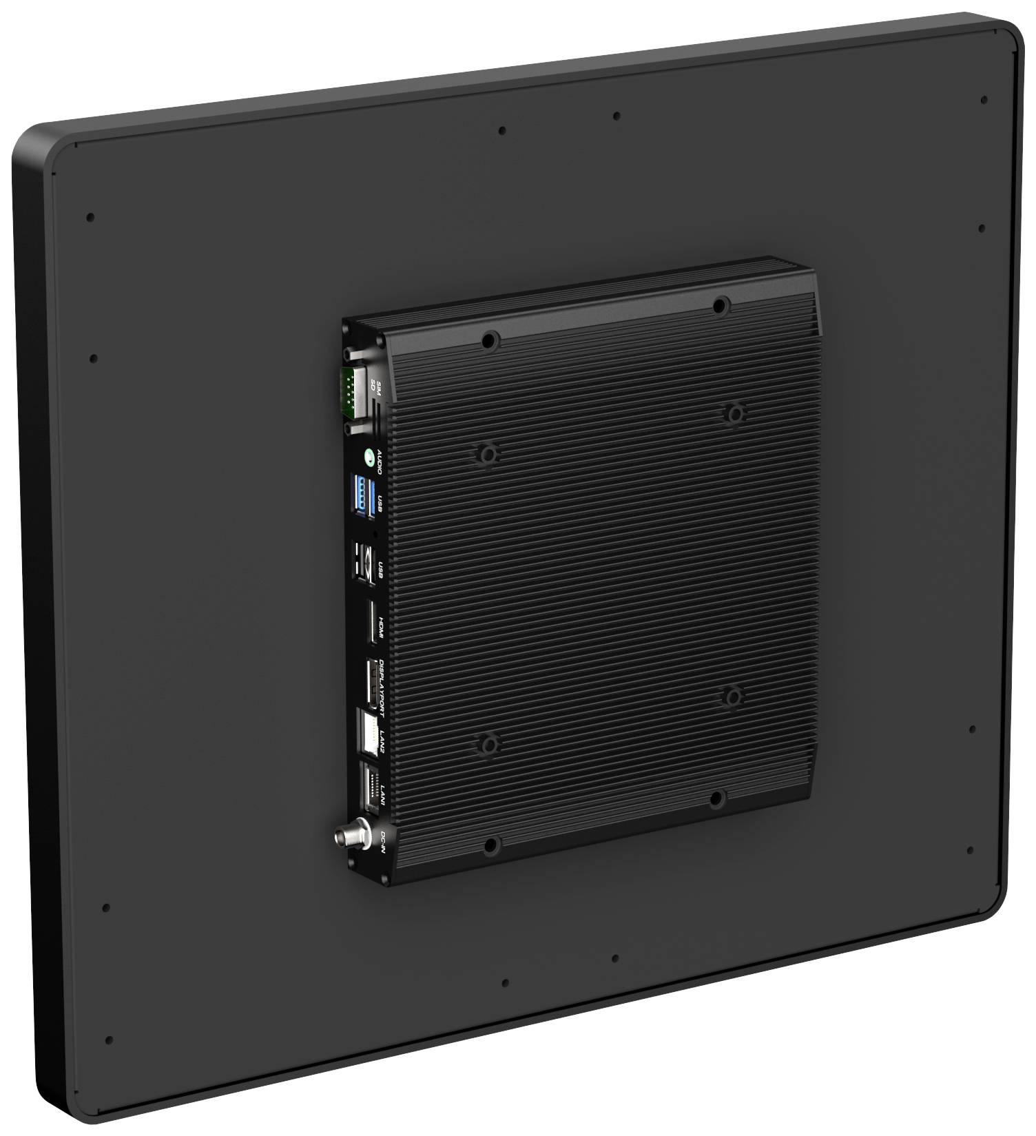 Czarny, prostokątny ekran z zintegrowanym urządzeniem z tyłu, oferujący różne możliwości podłączenia.