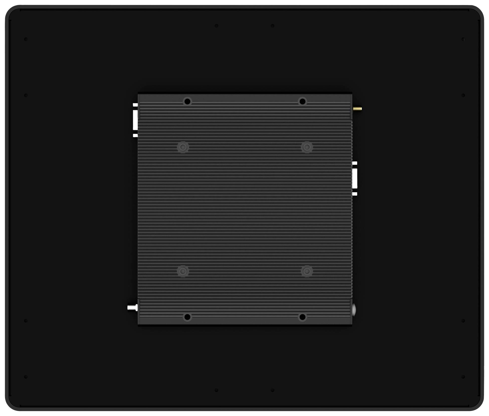 Tylna strona czarnego ekranu z prostokątnym, żebrowanym wkładem pośrodku, przymocowanym czterema śrubami.