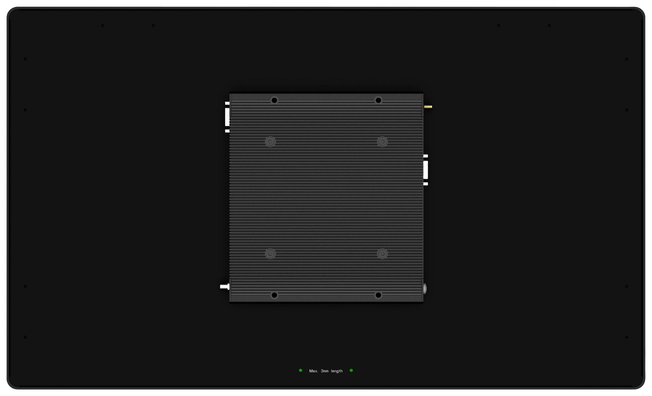 Czarny prostokąt z mniejszym, centralnie umieszczonym modułem kwadratowym. Na dole świecą dwa małe zielone światła.
