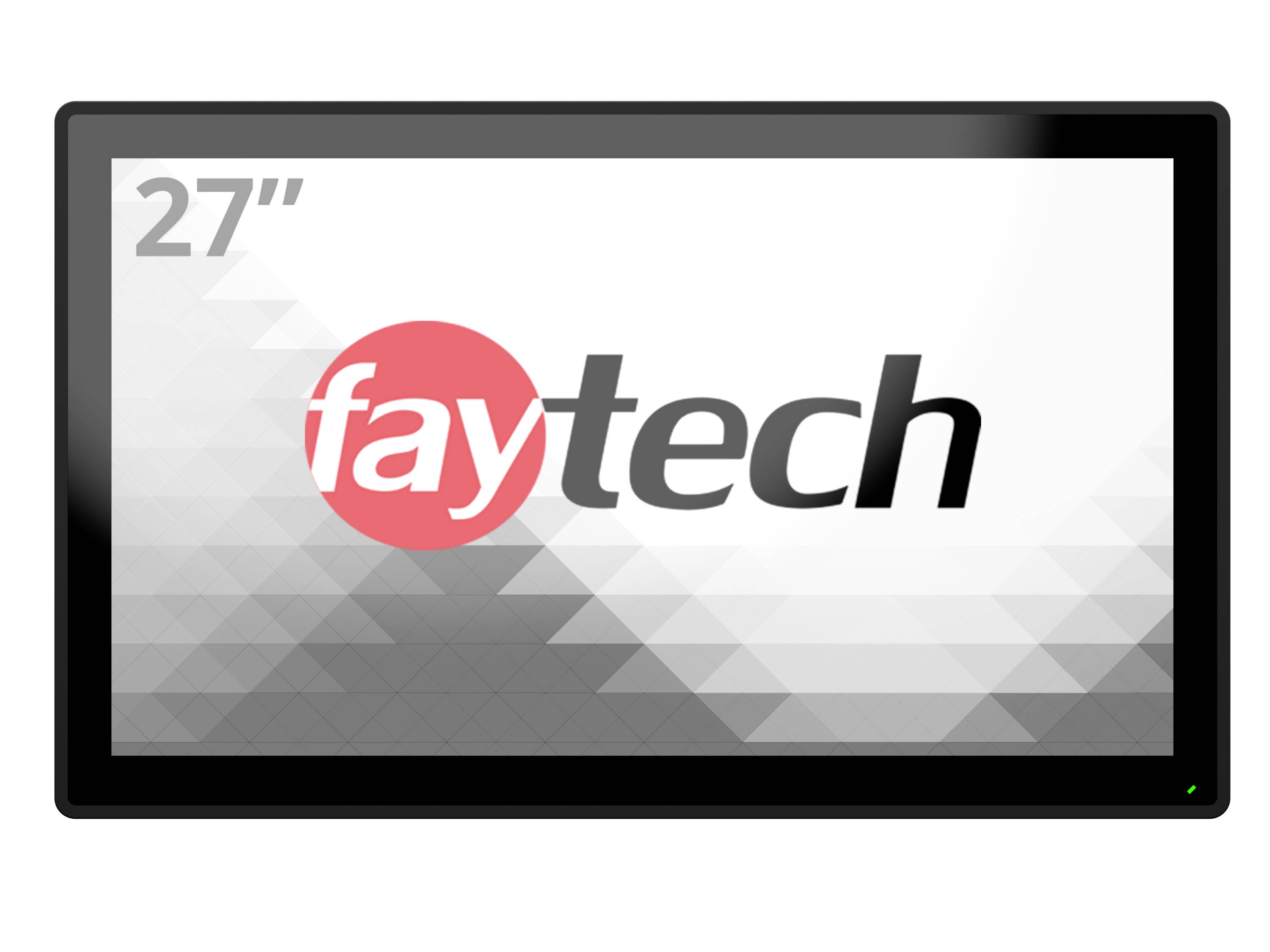 Monitor z 27-calowym wyświetlaczem. Na ekranie widnieje logo 'faytech' w szarym i czerwonym kolorze.