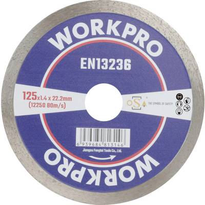Tarcza szlifierska z niebieską etykietą, oznaczona napisami 'WORKPRO' oraz 'EN13236'. Średnica 125 x 1,4 x 22,2 mm, maks. 12250 obr./min.
