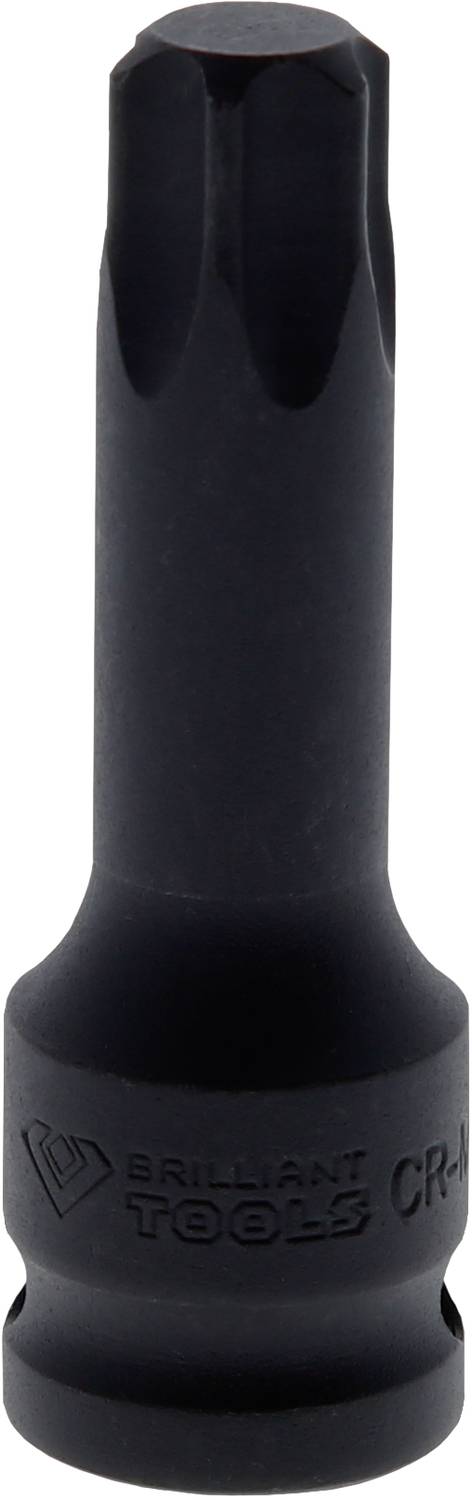 Czarny końcówka śrubokręta Torx z sześciokątną podstawą, oznaczona napisem 'Brilliant Tools CR-MO'. Odpowiednia do prac śrubowych.