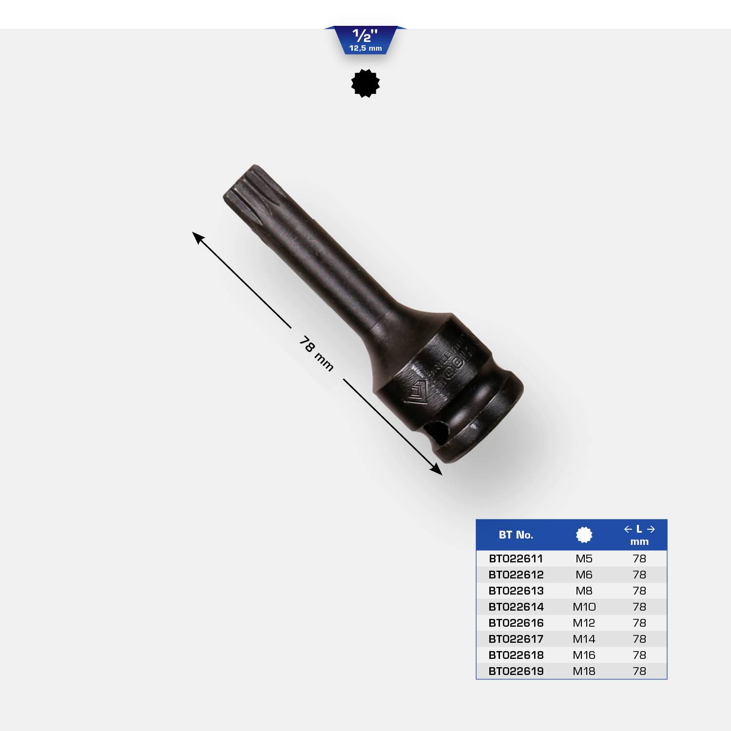 Nakrętka sześciokątna, 1/2'', długość 78 mm, numer części BT022611. Lista zawiera pasujące rozmiary: M10, M12, M16, M18.