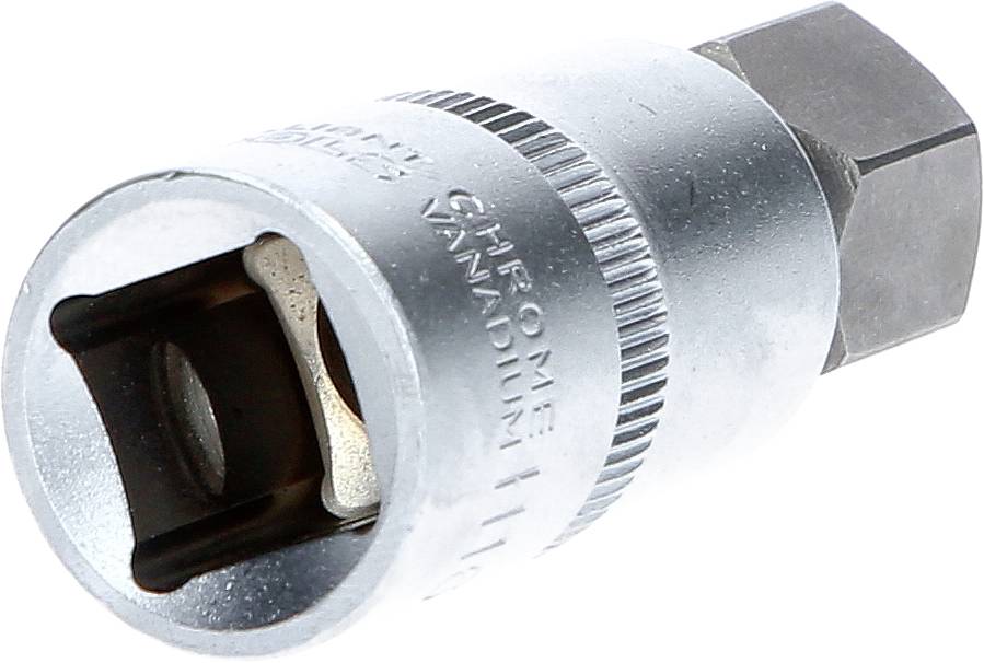 Nasadka sześciokątna wykonana ze stali chromowo-wanadowej, cylindryczna, z karbowanym pierścieniem dla lepszego uchwytu.