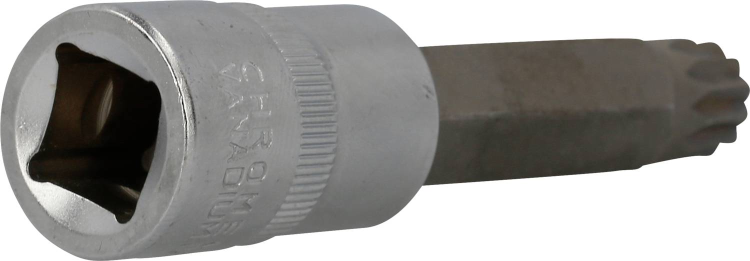 Srebrny klucz nasadowy z wkładką w kształcie gwiazdy, używany do dokręcania lub odkręcania śrub o odpowiednim kształcie główki.