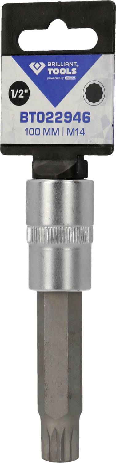 Nasadka klucza 1/2" o długości 100 mm, rozmiar M14, firmy Brilliant Tools. Opakowanie prezentuje szczegóły produktu i logo.