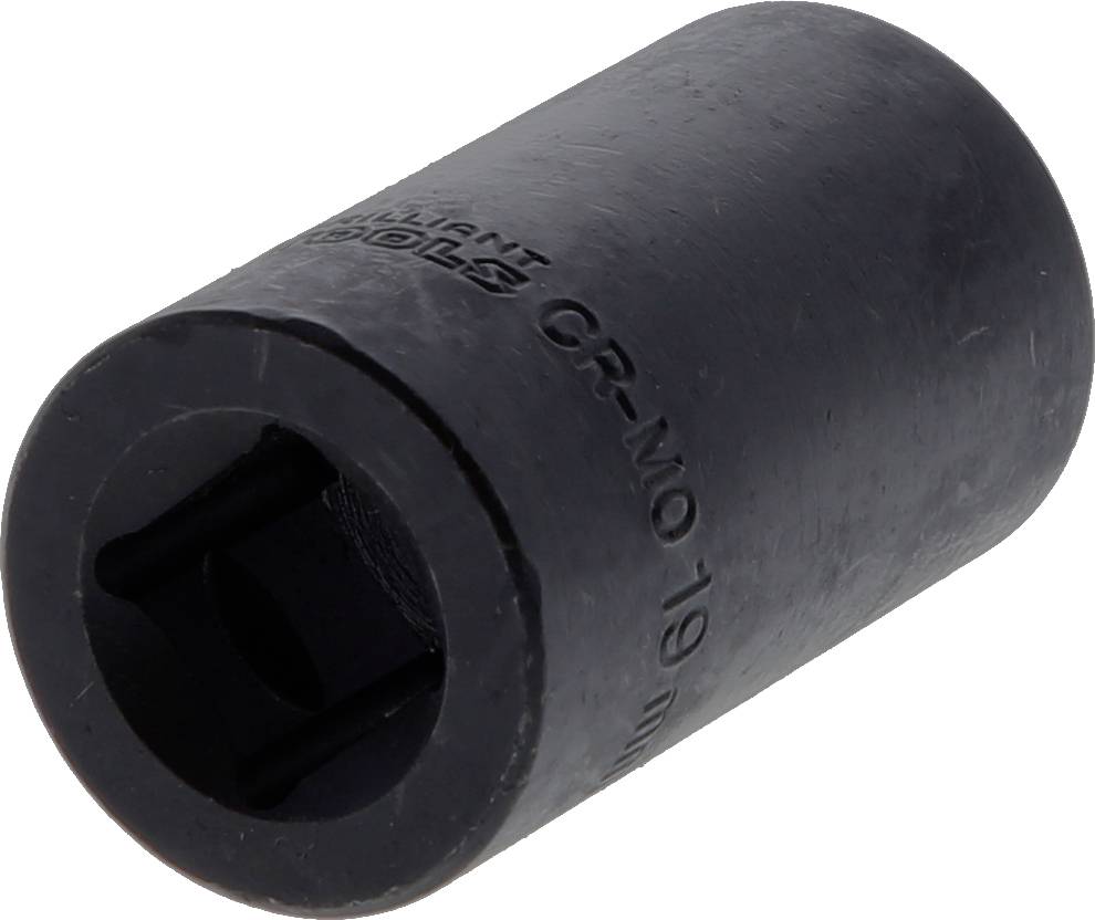 Czarny nasadowy klucz udarowy o rozmiarze 19 mm z sześciokątnym otworem, przeznaczony do użycia z zestawem kluczy nasadowych.