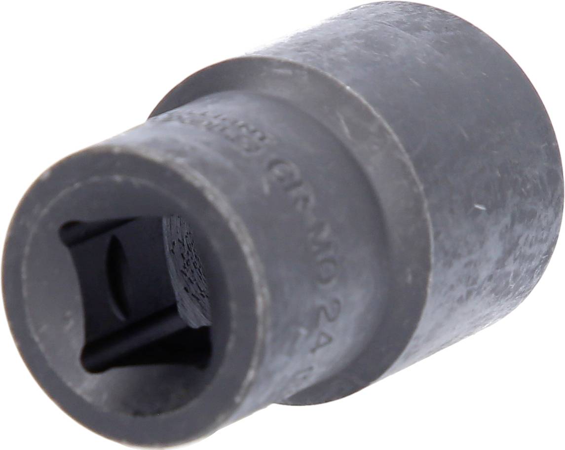 Czarna, sześciokątna nakrętka używana do mocowania śrub lub nakrętek.