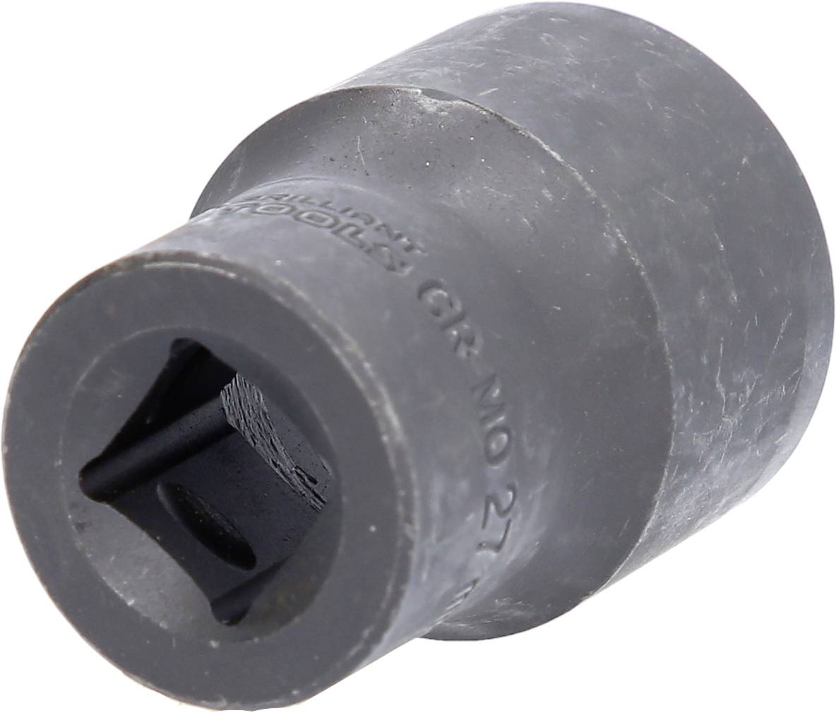 Szara, wytrzymała nakrętka sześciokątna, stosowana w kluczach dynamometrycznych, leży na białej powierzchni.