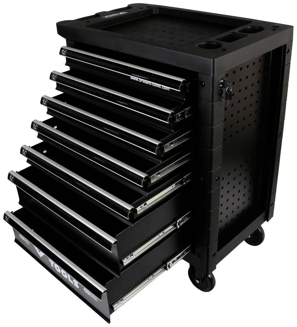 Czarny wózek narzędziowy z ośmioma otwartymi szufladami, zamontowany na czterech kółkach. Idealny do przechowywania narzędzi.
