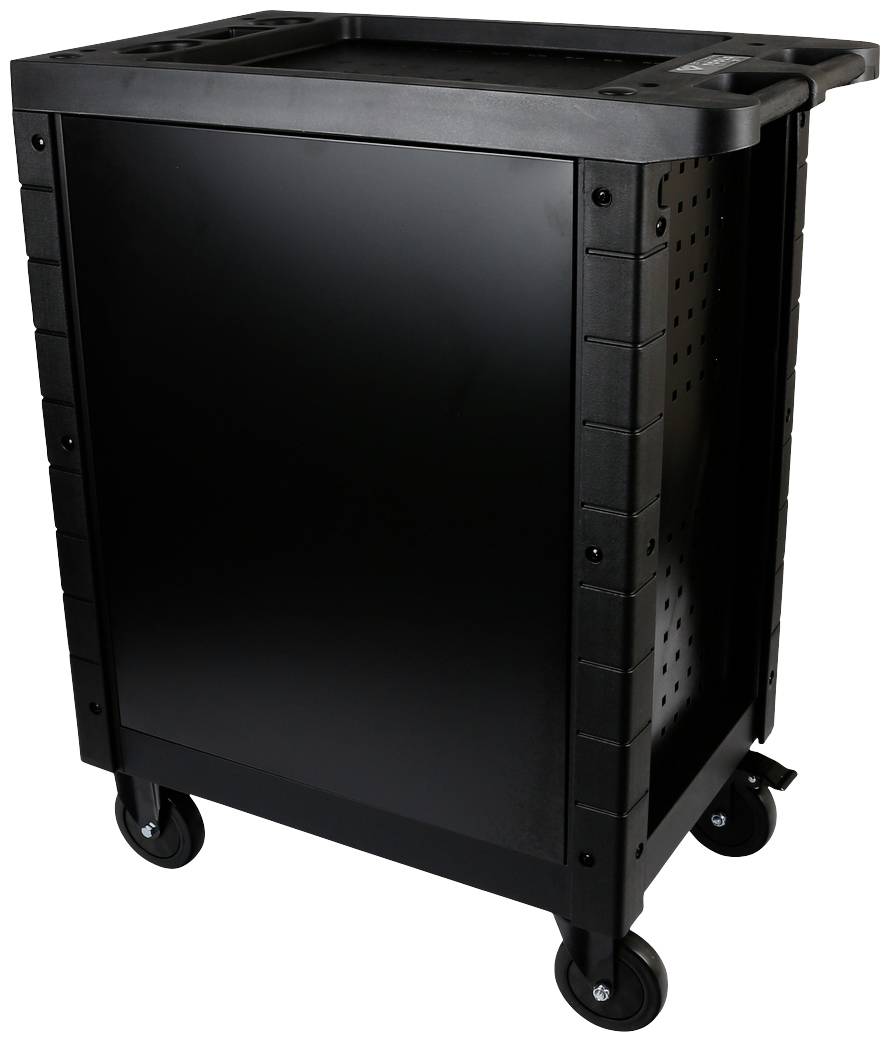 Czarny, jezdny wózek warsztatowy z przegródkami i czterema kółkami, przeznaczony do przechowywania narzędzi i materiałów.