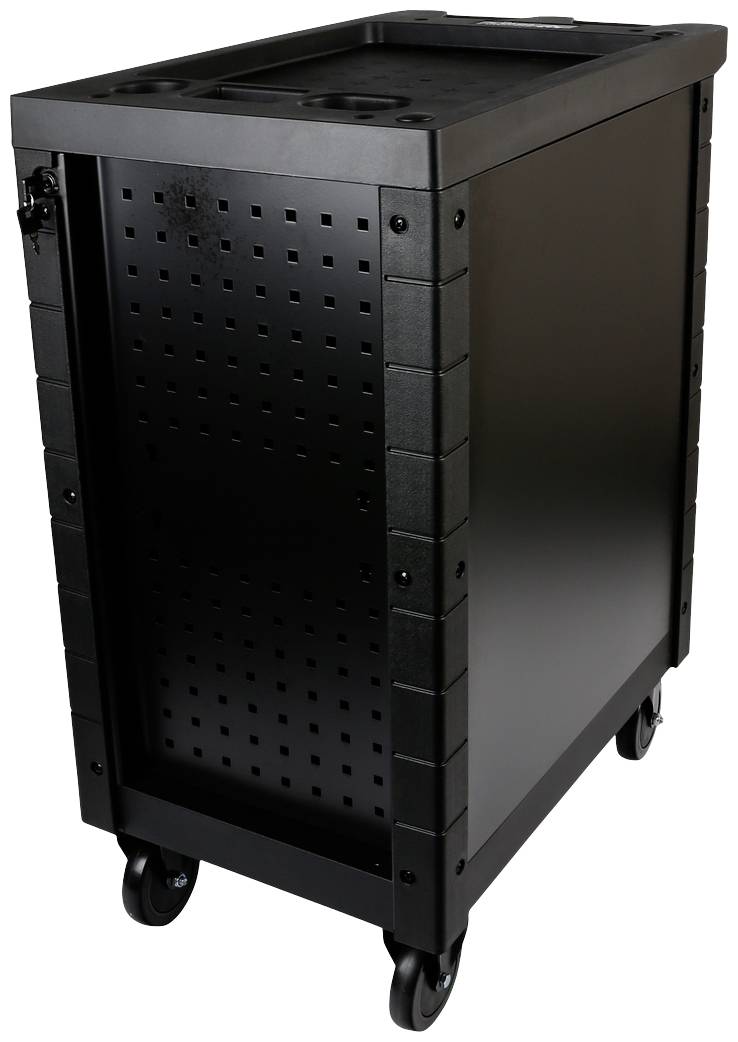 Czarny mobilny wózek serwisowy z bocznymi otworami wentylacyjnymi i czterema kółkami; idealny do transportu sprzętu.