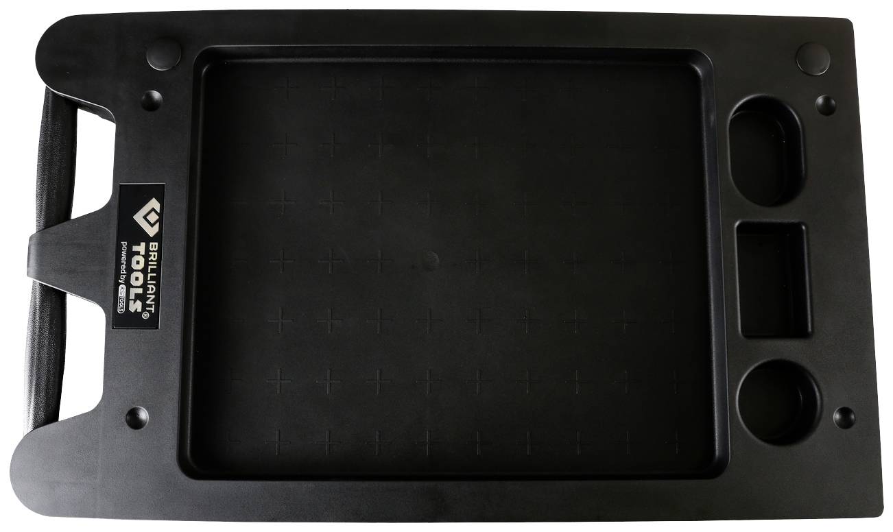 Czarna, prostokątna plastikowa tacka z wbudowanym uchwytem i wieloma przegródkami do przechowywania małych narzędzi lub części.