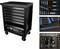 Wózek narzędziowy z siedmioma szufladami pełnymi narzędzi, z prawej strony szczegółowe zdjęcia szuflad z wkrętakami, kluczami i szczypcami.