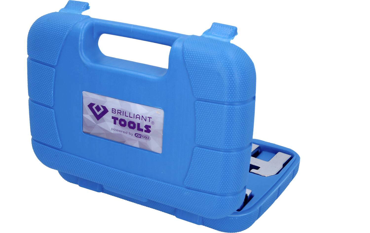 Niebieski kufer na narzędzia z napisem 'Brilliant Tools'. Przedstawia otwarte przegródki z narzędziami.