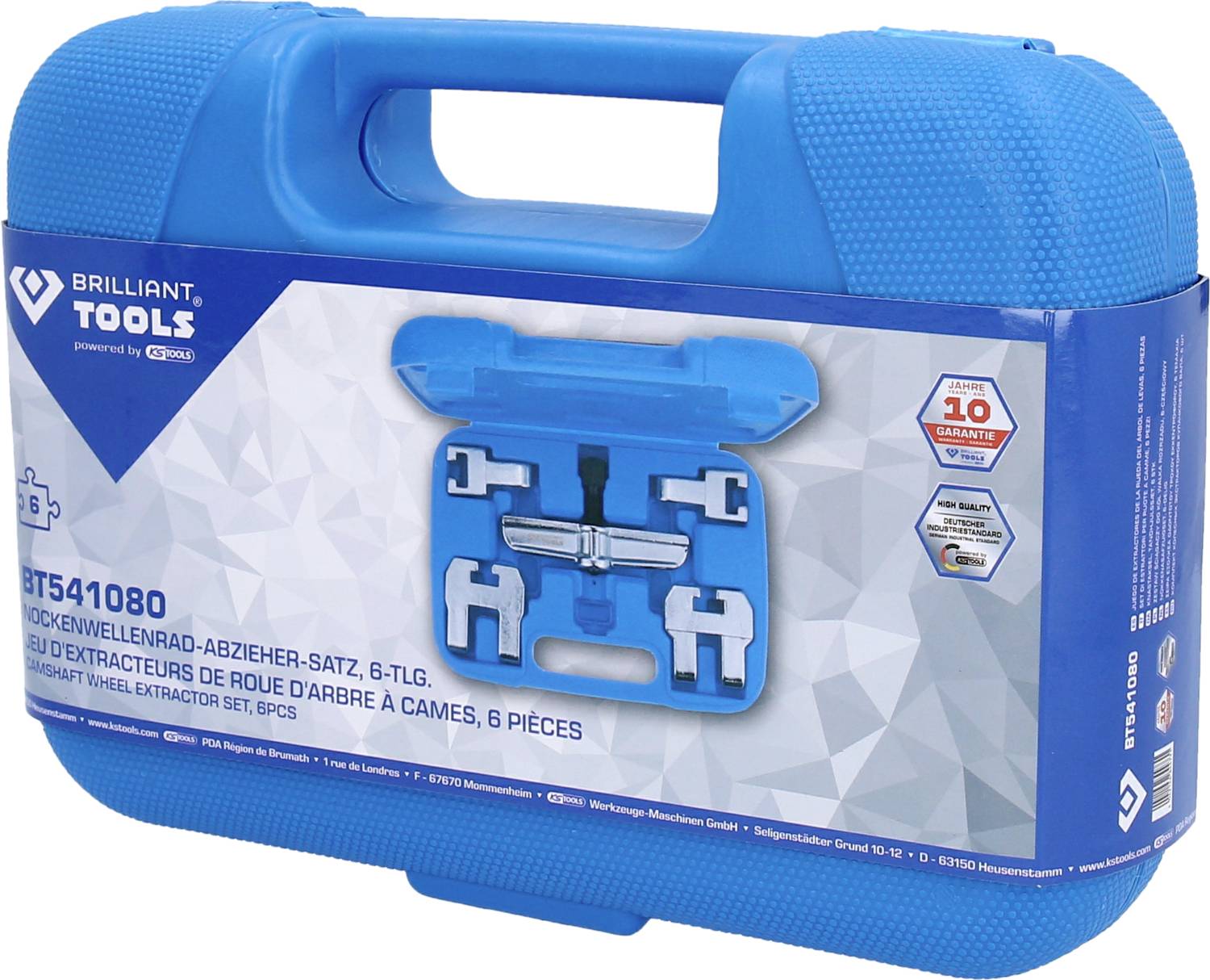 Niebieski kufer z zestawem narzędzi, oznaczony jako 'BT541080 Zestaw ściągaczy do kół wałka rozrządu, 6-częściowy' wraz z informacjami gwarancyjnymi.