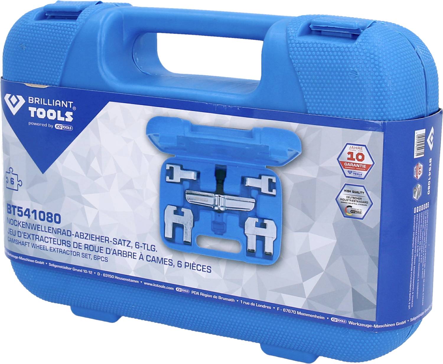 Niebieski kufer narzędziowy z napisem 'Brilliant Tools', zawierający zestaw ściągaczy do kół rozrządu, 6-elementowy, z ilustracją zawartości.