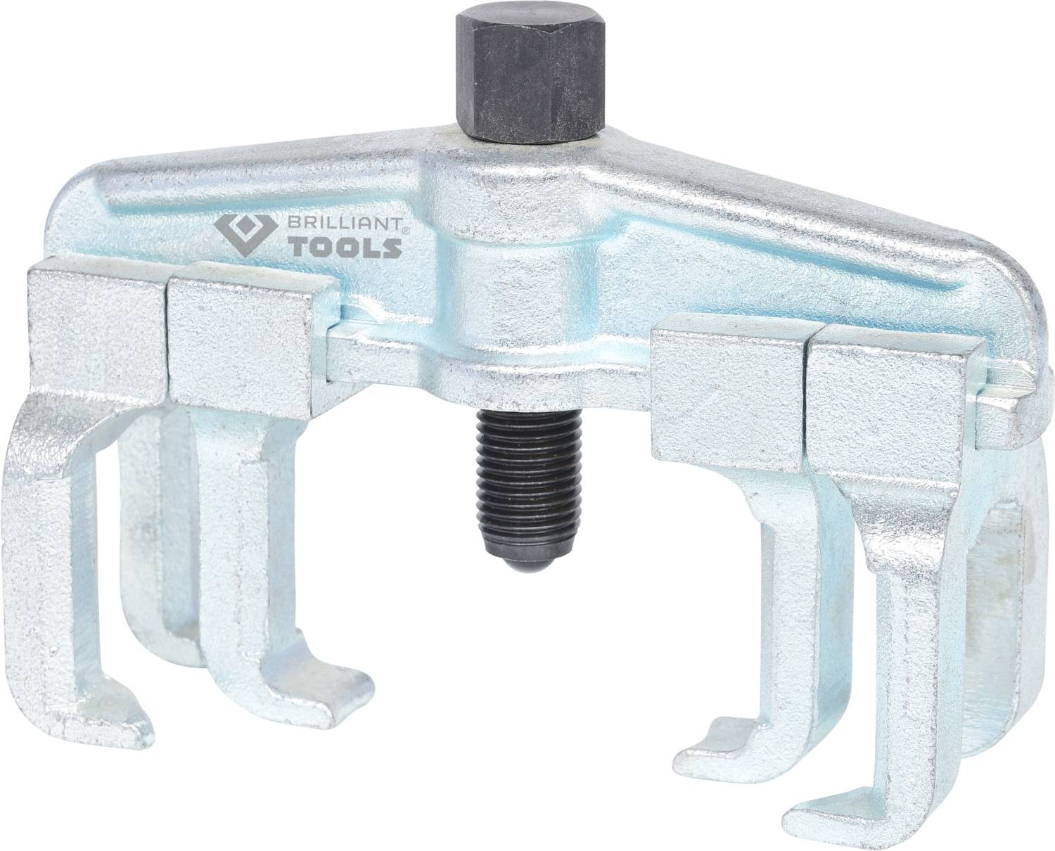 Srebrny ściągacz z czterema ramionami chwytającymi i centralną śrubą, używany do demontażu łożysk lub kół zębatych. Napis 'Brilliant Tools'.