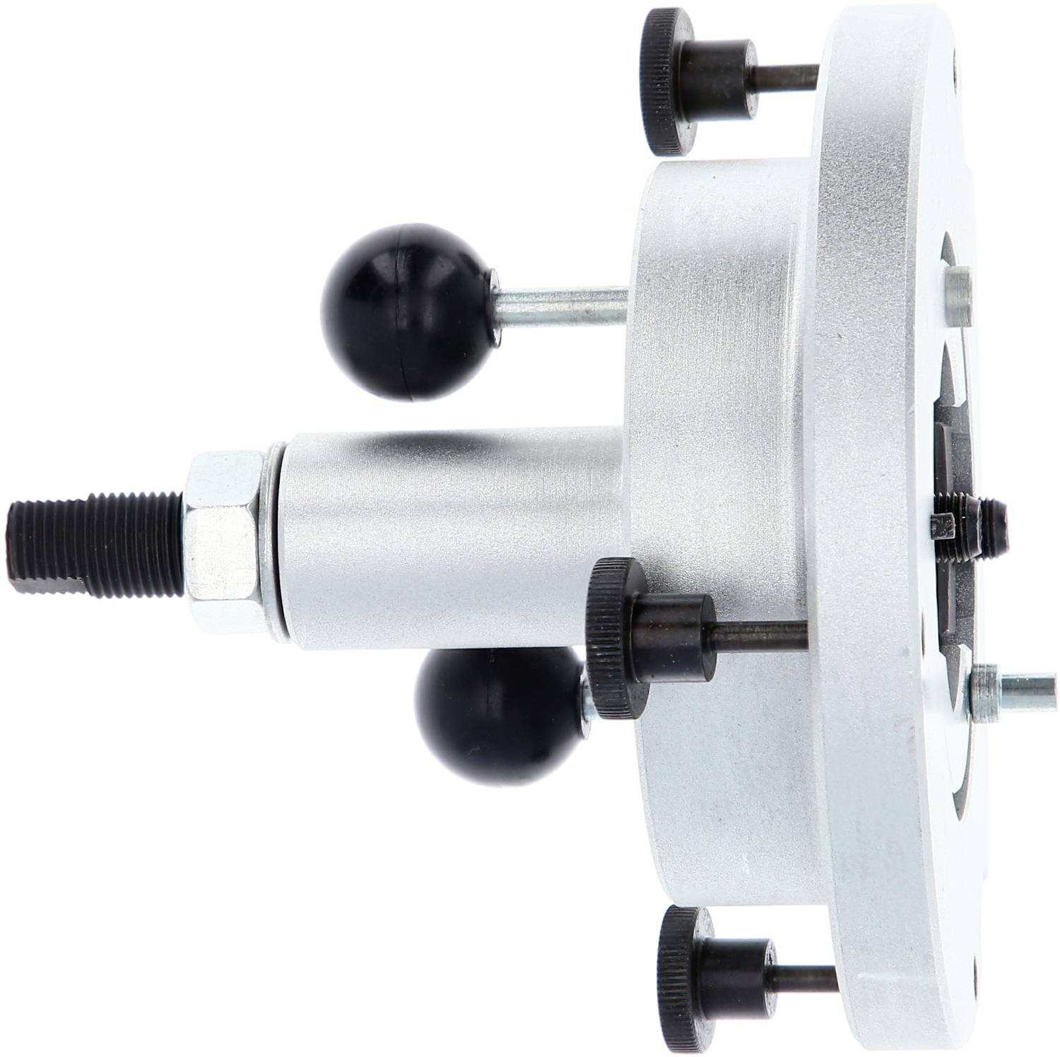 Srebrne cylindryczne urządzenie mechaniczne z czarnym uchwytem i śrubami, prawdopodobnie element narzędzia lub maszyny.