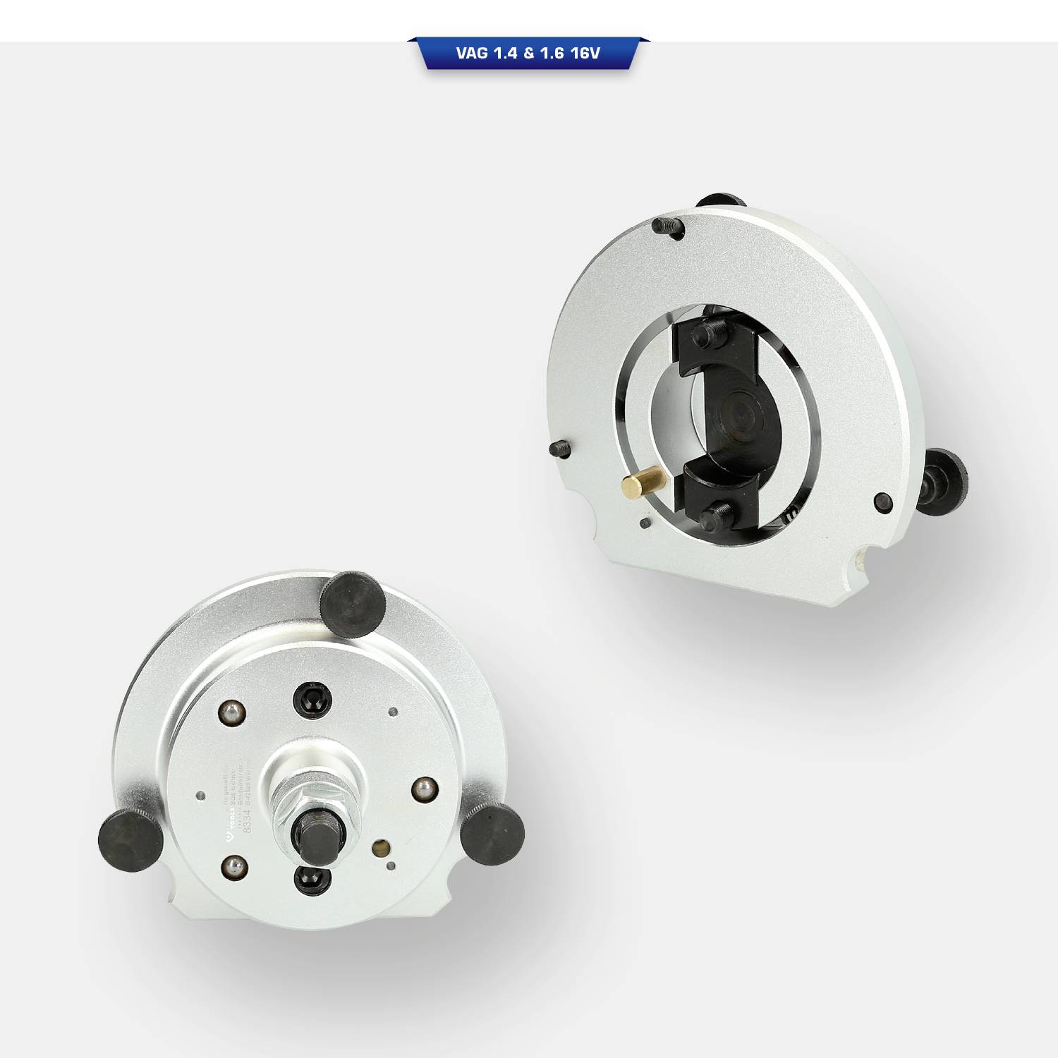 Dwa srebrne metalowe urządzenia z czarnymi przyciskami, prawdopodobnie narzędzia samochodowe, na szarym tle. Na górze widnieje napis 'VAG 1.4 & 1.6 16V'.