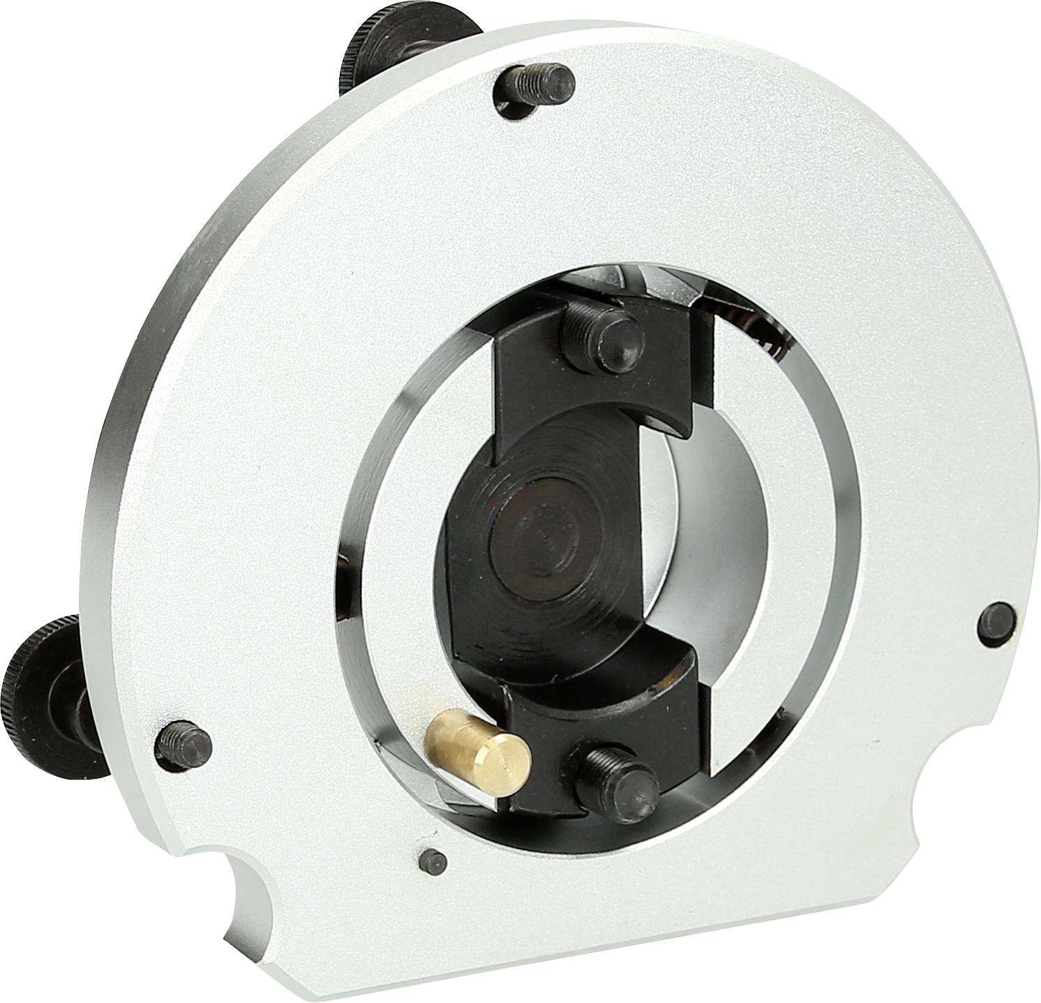 Prowadnica frezarki ręcznej, wykonana z srebrnego metalu z czarnym wkładem, służy do precyzyjnego prowadzenia podczas ręcznych prac frezarskich.