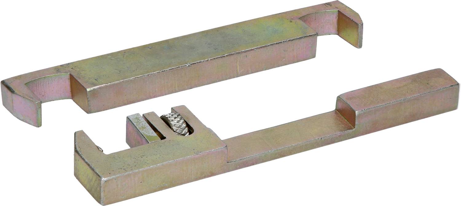 Dwa metalowe narzędzia, każde z rowkowaną śrubą do regulacji. Mają prostokątny kształt i są przeznaczone do prac mechanicznych.