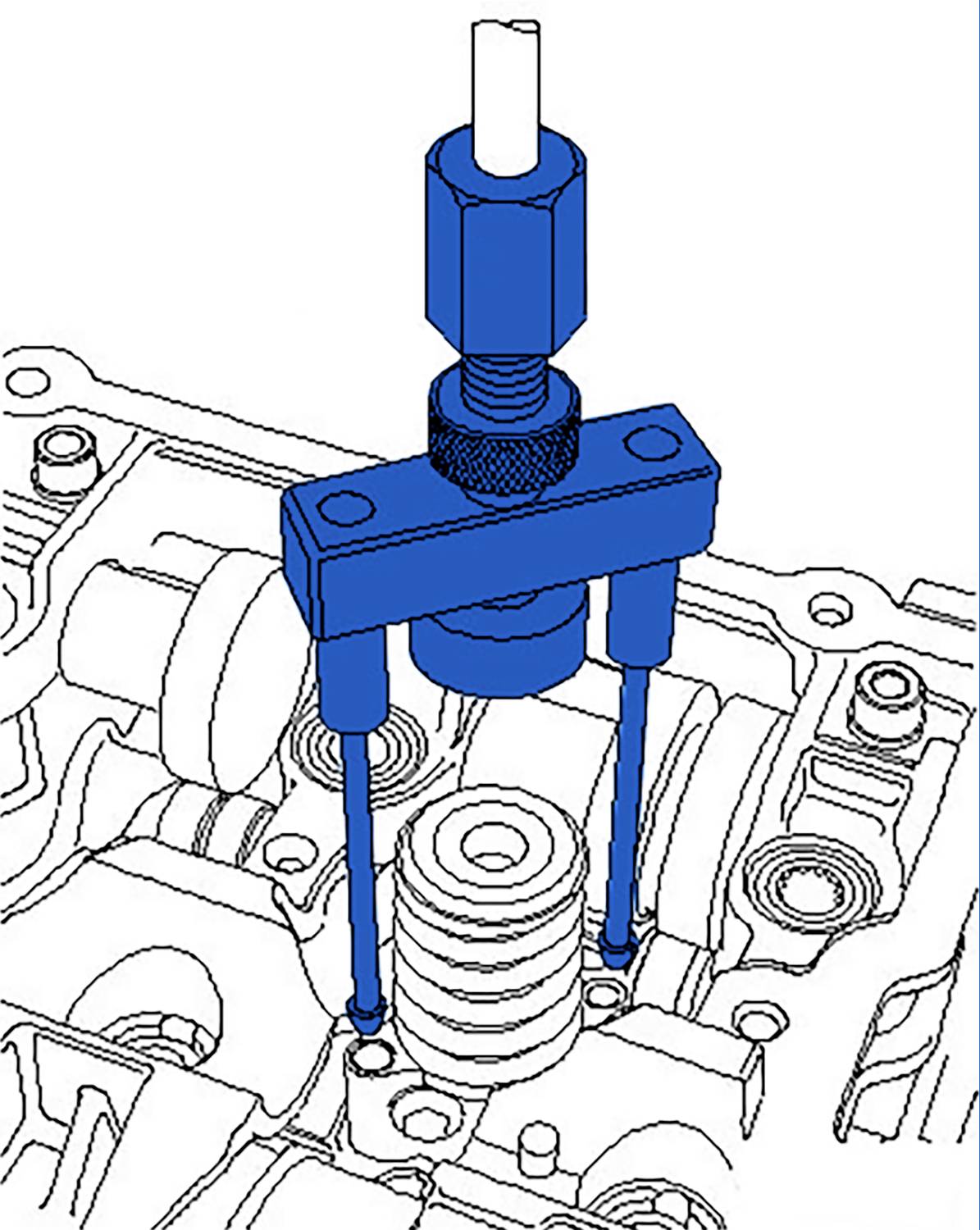 'Ilustracja narzędzia do sprężania/napinania zaworów podczas jego użycia w bloku silnika w celu zwolnienia naprężenia sprężyny i demontażu.'