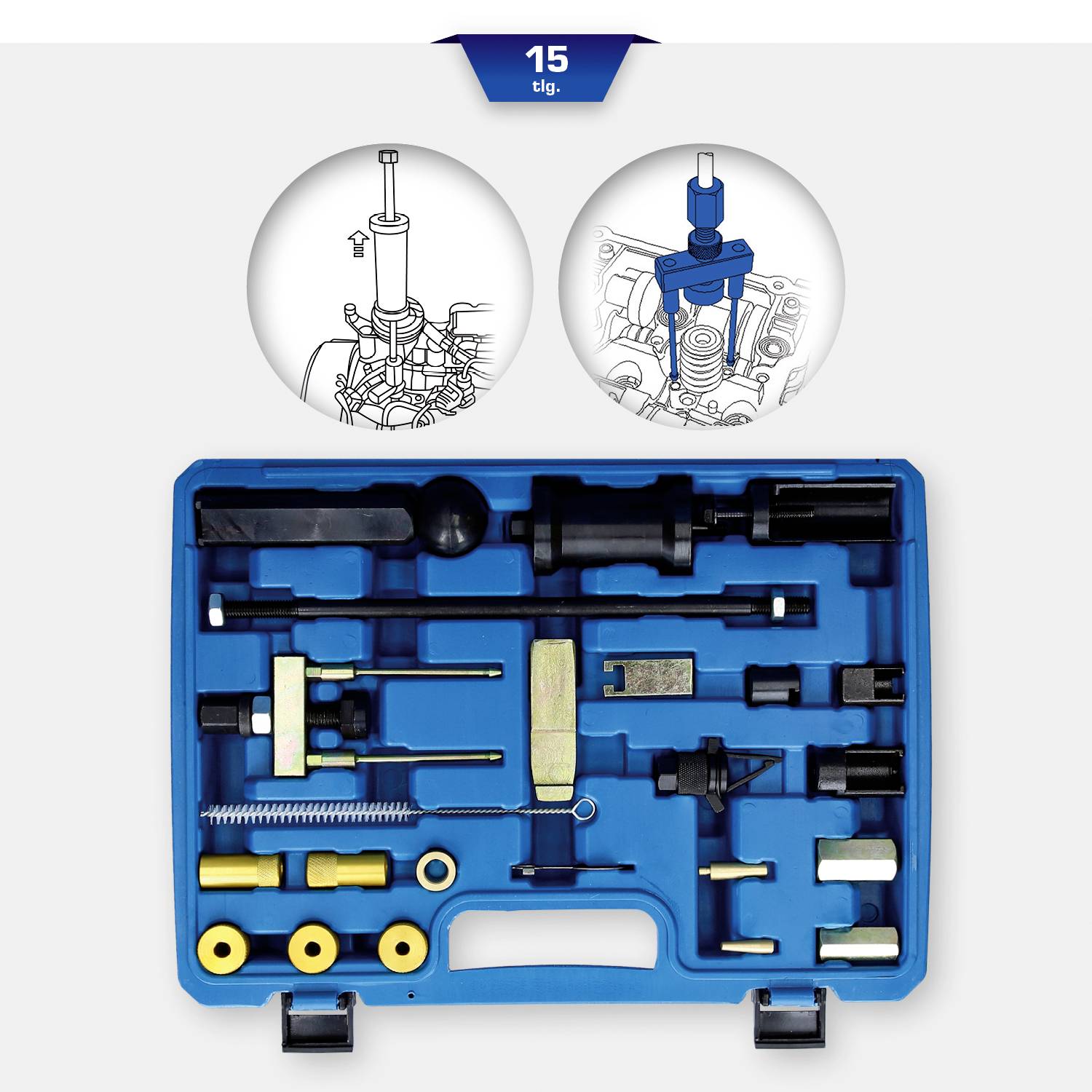 Niebieski kufer zawiera 15-elementowy zestaw narzędzi montażowych do naprawy samochodów, z dwoma schematycznymi ilustracjami ich zastosowania.