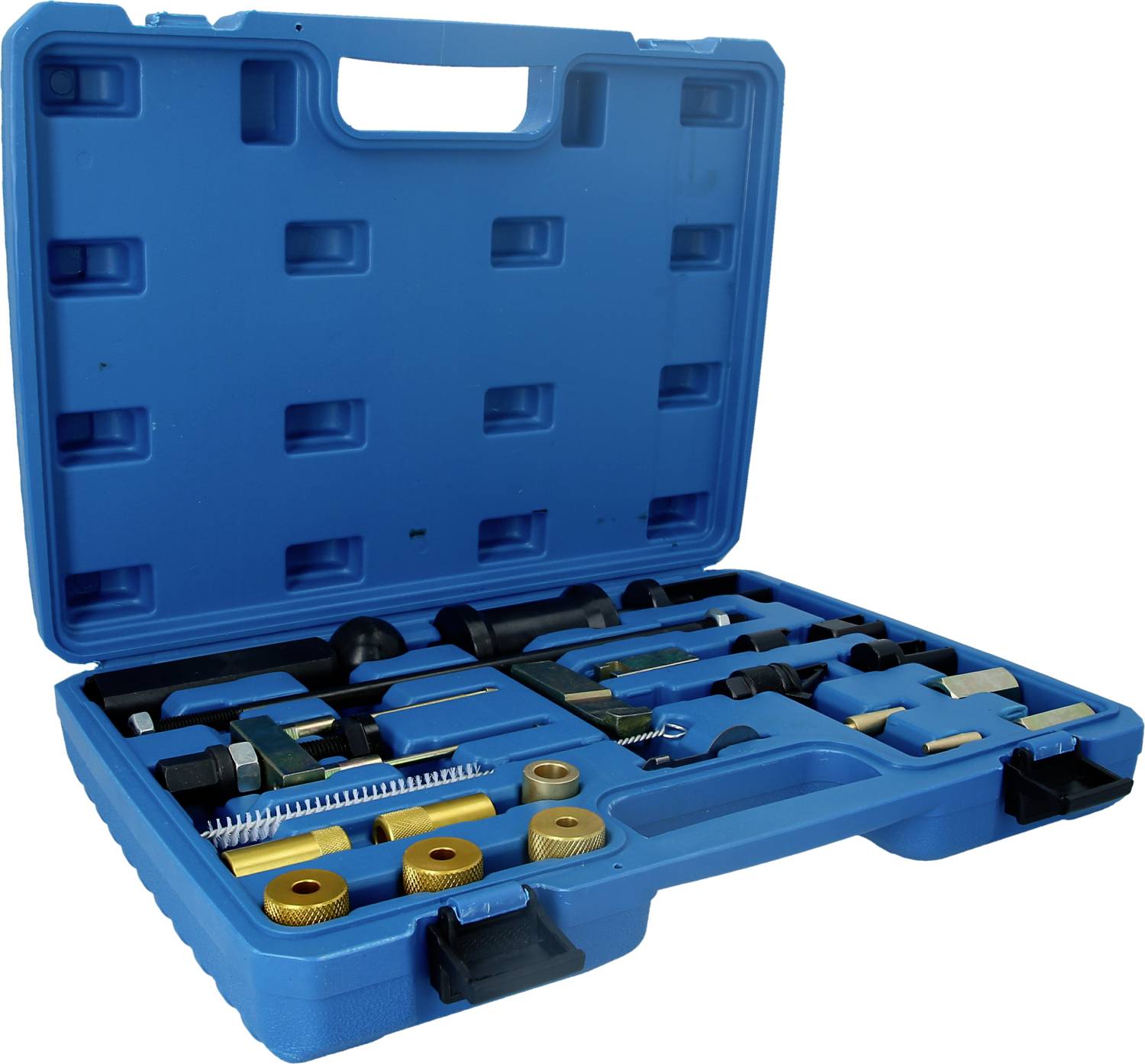 Niebieski kufer na narzędzia zawiera różne metalowe narzędzia i części wyposażenia, na przykład koła zębate i klucze.