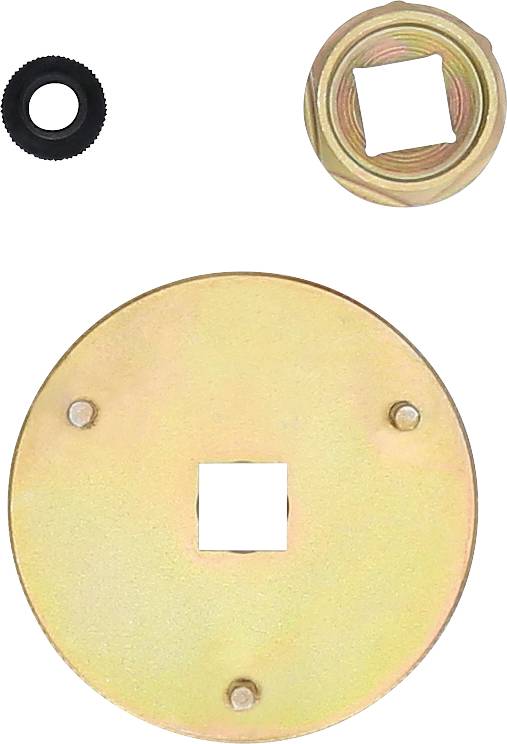 Trzy okrągłe tarcze z metalu i tworzywa sztucznego, każda z kwadratowym wycięciem pośrodku, różnej wielkości i w różnych kolorach.