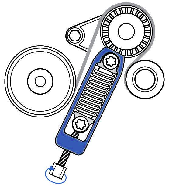 'Diagram klina paska rozrządu z kołami pasowymi, mechanizmem sprężynowym i śrubą regulacyjną. Przedstawia rozmieszczenie komponentów.'