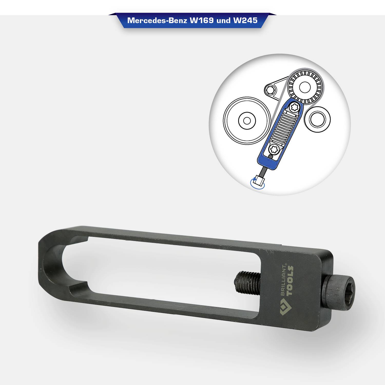 Narzędzie do napinacza paska rozrządu do modeli Mercedes-Benz W169 i W245, przedstawiające techniczny rysunek montażu. Niezbędne do prac naprawczych.